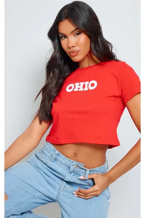 PRETTYLITTLETHING Women T-Shirts - Red Ohio Printed Fitted Crop T Shirt
