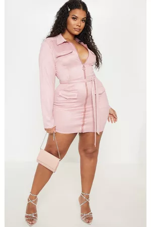 PRETTYLITTLETHING Women Bodycon Dresses - Plus Dusty Pink Faux Suede Pocket Detail Bodycon Dress