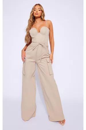 PRETTYLITTLETHING Women Jumpsuits - Stone Woven Underwired Cargo Style Strappy Jumpsuit