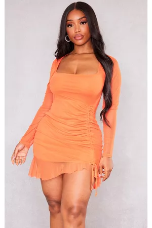 PRETTYLITTLETHING Women Long Sleeve Bodycon Dresses - Shape Bright Orange Mesh Long Sleeve Ruched Side Frill Hem Bodycon Dress
