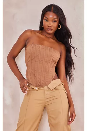 PRETTYLITTLETHING Women Tops - Tall Taupe Tie Back Corset Top