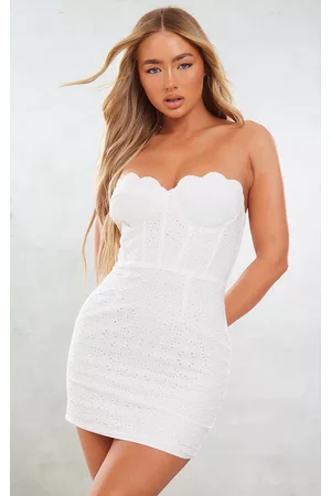 PRETTYLITTLETHING Women Bodycon Dresses - White Broderie Anglaise Bandeau Scallop Bodycon Dress