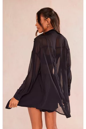 PRETTYLITTLETHING Women Shirts - Black Textured Button Up Back Shirt
