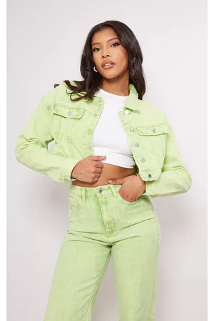 PRETTYLITTLETHING Women Denim Jackets - Washed Green Cropped Denim Jacket