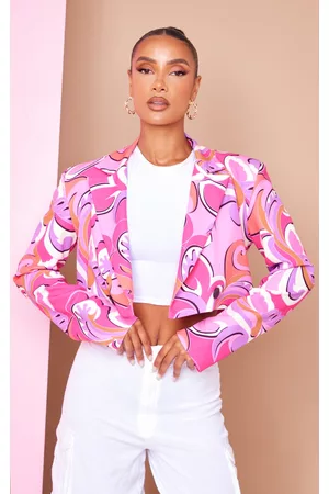 PRETTYLITTLETHING Women Oversized Blazers - Pink Printed Oversized Button Detail Cropped Blazer