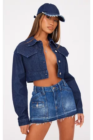 PRETTYLITTLETHING Women Denim Jackets - Indigo Blue Wash Super Cropped Boxy Denim Jacket