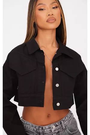 PRETTYLITTLETHING Women Denim Jackets - Washed Black Super Cropped Boxy Denim Jacket