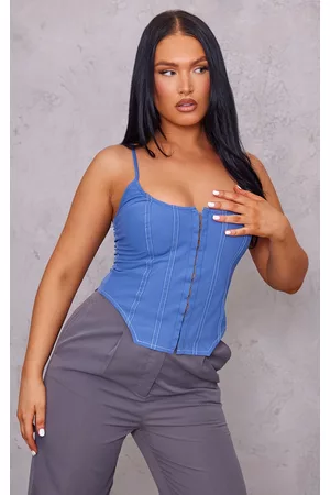 PRETTYLITTLETHING Women Corsets - Blue Steel Woven Extreme Longline Hook And Eye Corset