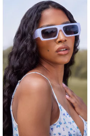 PRETTYLITTLETHING Women Sunglasses - White Marble Rectangular Slim Frame Sunglasses