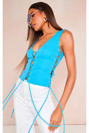 PRETTYLITTLETHING Women Lace Tank Tops - Aqua Woven Lace Up Detail Plunge Sleeveless Top