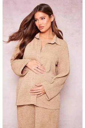 PRETTYLITTLETHING Women Long Sleeved Shirts - Maternity Taupe Textured Long Sleeve Shirt