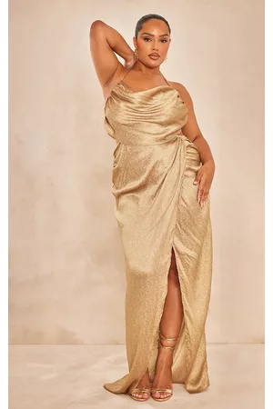 PRETTYLITTLETHING Women Graduation Dresses - Plus Gold Satin Cowl Neck Maxi Dress