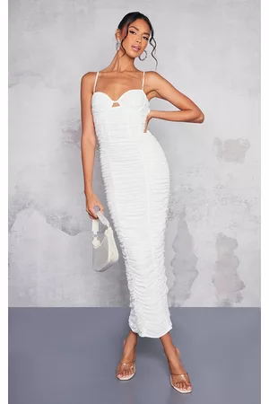 PRETTYLITTLETHING Women Underwire & Bustier Dresses - White Mesh Ruched Underwire Detail Strappy Midaxi Dress