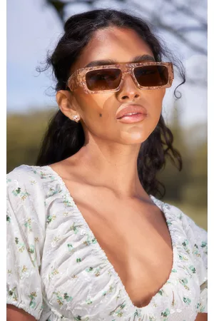 PRETTYLITTLETHING Women Sunglasses - Brown Marble Rectangular Slim Frame Sunglasses