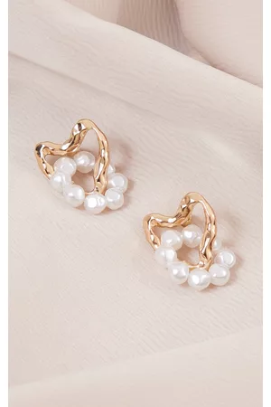 PRETTYLITTLETHING Women Pearl Rings - Gold Textured Heart Pearl Ring Stud Earrings