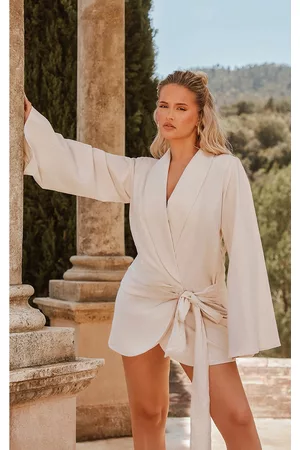 PRETTYLITTLETHING Women Blazer Dresses - Off White Linen Look Extreme Plunge Tie Detail Shift Blazer Dress