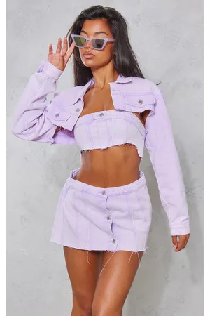 PRETTYLITTLETHING Women Denim Jackets - Washed Lilac Extreme Cropped Denim Jacket