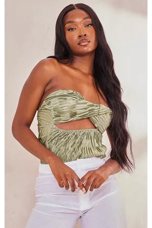 PRETTYLITTLETHING Women Strapless Tops - Tall Olive Satin Textured Bandeau Crop Top