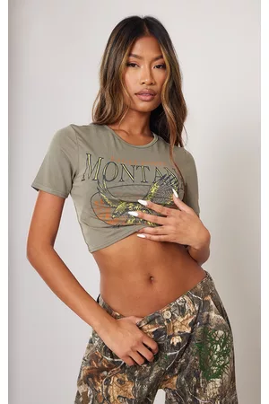 PRETTYLITTLETHING Women Oversized T-Shirts - Khaki Montana Logo Oversized Cropped T Shirt