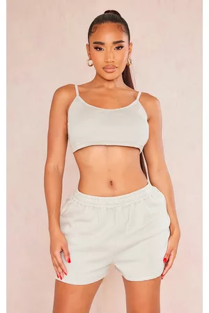 PRETTYLITTLETHING Women Crop Tops - Shape Oatmeal Acid Wash Ribbed Strappy Crop Top