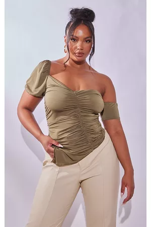 PRETTYLITTLETHING Women Ruched Tops - Plus Olive Slinky Ruched Long Top