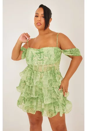 PRETTYLITTLETHING Women Bodycon Dresses - Plus Green Statue Printed Ruffle Bodycon Dress
