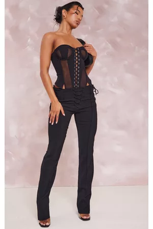 PRETTYLITTLETHING Women Tops - Black Woven Tie Detailed Low Rise 90's Flares