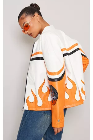 PRETTYLITTLETHING Women Leather Jackets - White And Orange Flame Hem Faux Leather Jacket