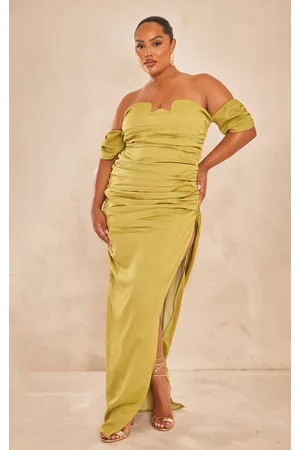 PRETTYLITTLETHING Women Graduation Dresses - Plus Olive Textured Bardot Underwired Ruched Maxi Dress