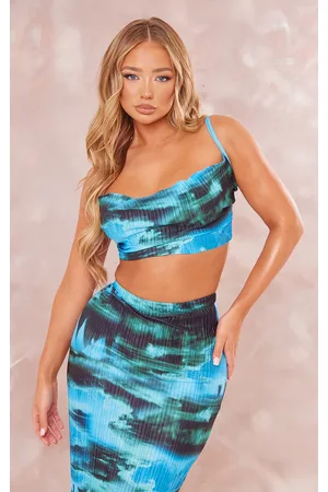 PRETTYLITTLETHING Women Tops - Blue Printed Plisse Strappy Cowl Neck Top