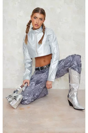 PRETTYLITTLETHING Women Leather Jackets - Silver Quilted Detail Super Cropped Faux Leather Jacket