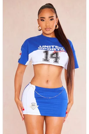 PRETTYLITTLETHING Women T-Shirts - Shape Blue Motorcross Super Crop T-shirt