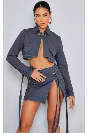 PRETTYLITTLETHING Women Blazers - Charcoal Woven Raw Hem Buckle Trim Cropped Blazer