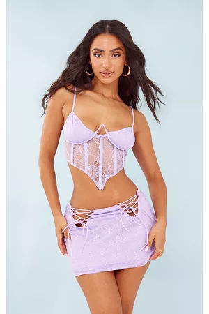 PRETTYLITTLETHING Women Lace-up Tops - Petite Lilac Lace Strappy Corset Top