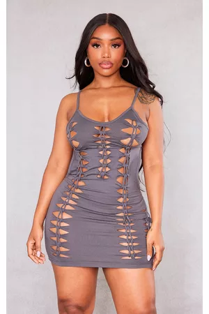 PRETTYLITTLETHING Women Bodycon Dresses - Shape Charcoal Cotton Lace Up Detail Low Back Bodycon Dress
