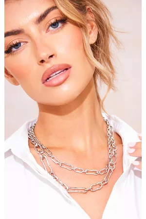 PRETTYLITTLETHING Women Necklaces - Silver Hammered Long Link Layered Necklace