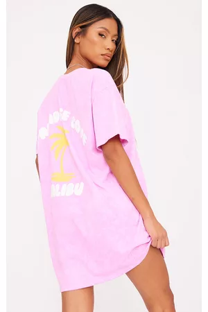 PRETTYLITTLETHING Women T-Shirts - Pink Acid Wash Paradise Graphic T Shirt Dress