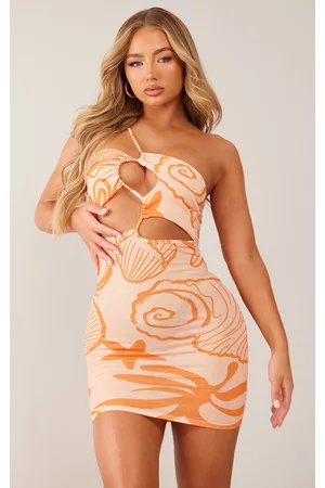 PRETTYLITTLETHING Women Asymmetrical Dresses - Orange Floral Cut Out Asymmetric Strap Bodycon Dress