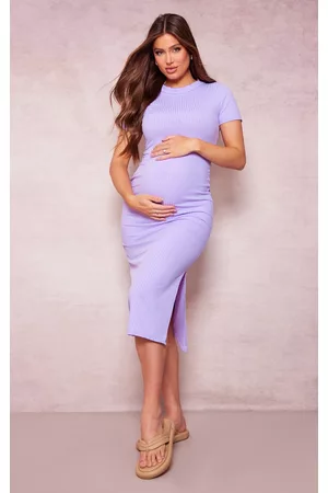 PRETTYLITTLETHING Women Midi Dresses - Maternity Lilac Ribbed Short Sleeve Midi Dress