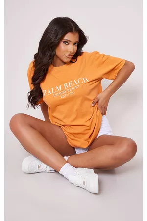 PRETTYLITTLETHING Women T-Shirts - Orange Palm Beach Printed Washed T Shirt