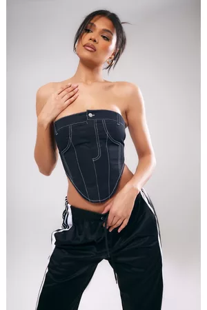 PRETTYLITTLETHING Women Corsets - Black Woven Pant Detailed Corset