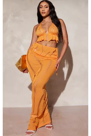 PRETTYLITTLETHING Women Maxi Skirts - Shape Bright Orange Knit Ladder Detailed Low Rise Ruched Side Maxi Skirt