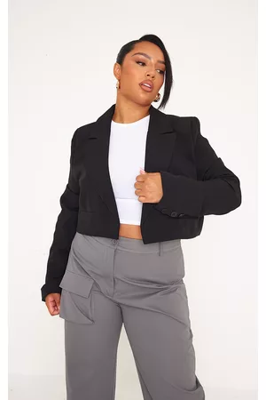 PRETTYLITTLETHING Women Blazers - PLT Label Plus Black Pocket Detail Boxy Cropped Blazer
