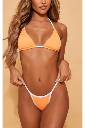 PRETTYLITTLETHING Women Bikini Bottoms - Orange Contrast Binding Ribbed Tie Side Bikini Bottoms