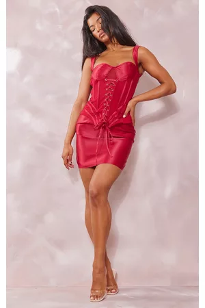 PRETTYLITTLETHING Women Bodycon Dresses - Red Satin Eyelet Lace Up Corset Detail Bodycon Dress
