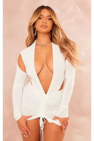PRETTYLITTLETHING Women Long Sleeve Bodycon Dresses - Shape White Slinky Long Sleeve Plunge Ruched Bodycon Dress