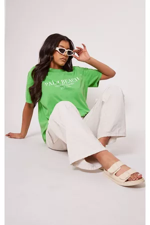 PRETTYLITTLETHING Women T-Shirts - Bright Green Palm Beach Printed Washed T Shirt