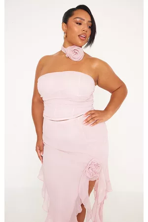 PRETTYLITTLETHING Women Tops - Plus Pink Flower Detail Ruffle Drape Strappy Top