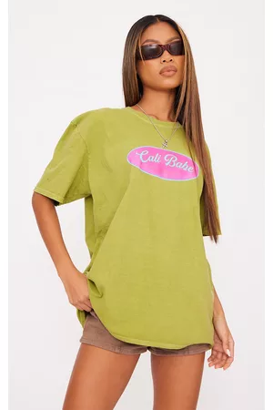 PRETTYLITTLETHING Women T-Shirts - Lime Cali Babe Printed Washed T Shirt