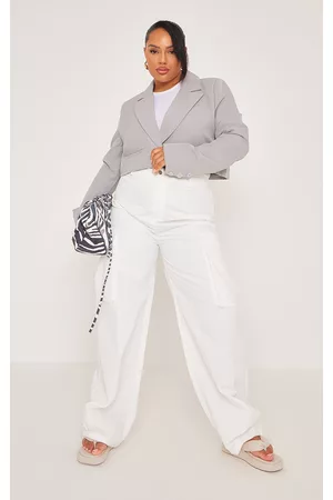 PRETTYLITTLETHING Women Blazers - PLT Label Plus Grey Premium Pocket Detail Boxy Cropped Blazer